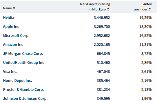 Die 10 Aktien mit dem größten Anteil (Gewichtung) am Dow Jones